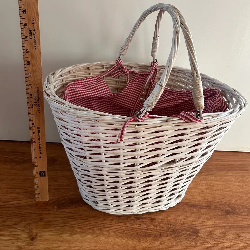 Whitewash Wicker Picnic Basket Red Gingham Liner Double Handle Farmhouse Storage